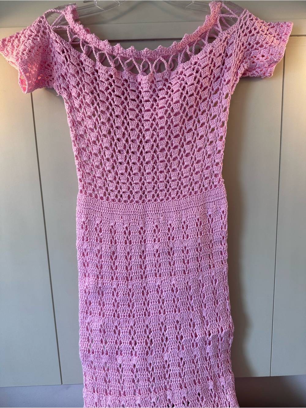 Hand-Crocheted Pink Midi Dress with Openwork Detail